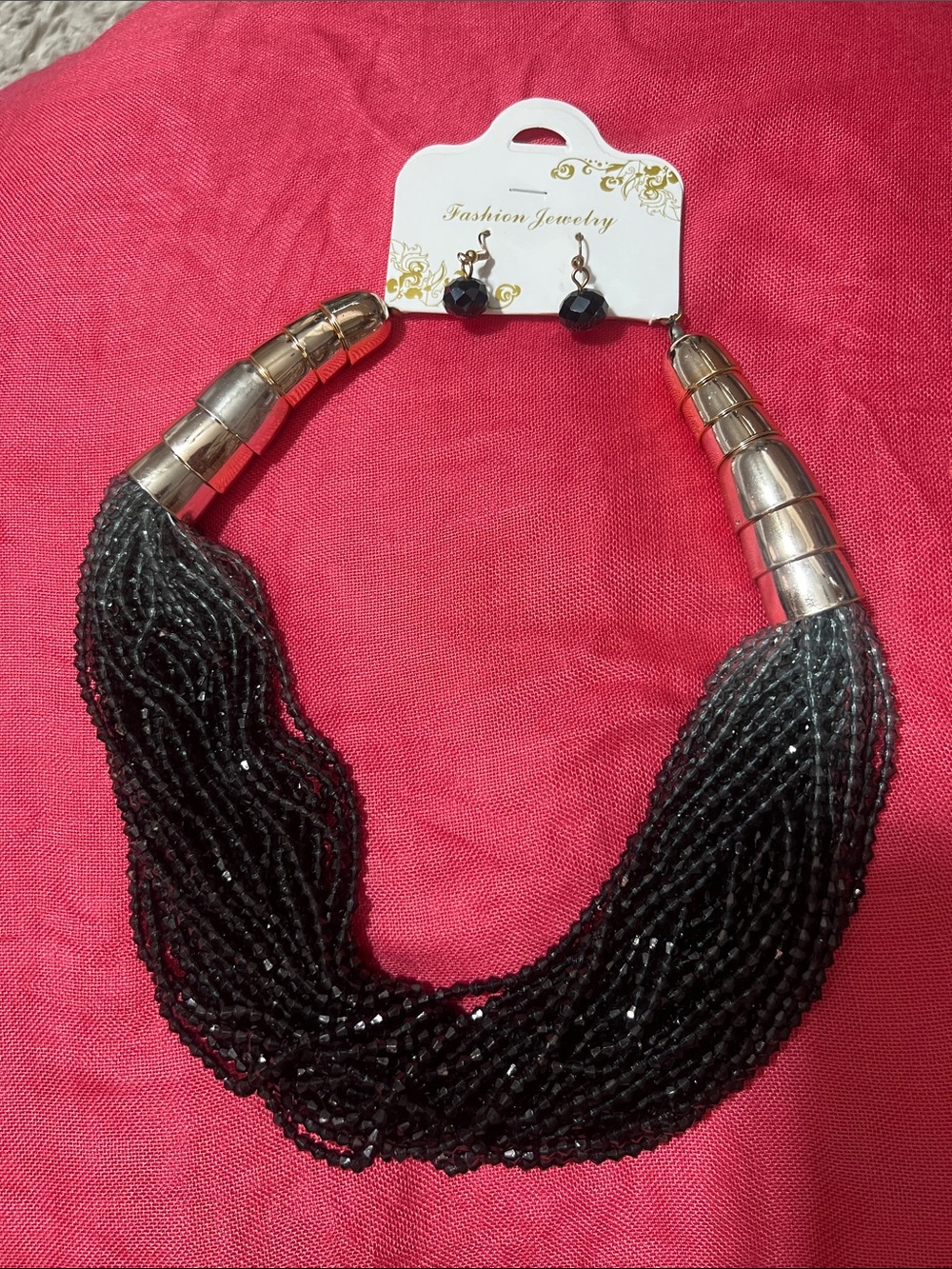 Black Beaded Statement Necklace & Earrings